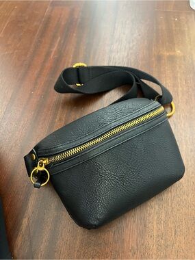 Black Leather Crossbody Belt Bag with Gold Hardware